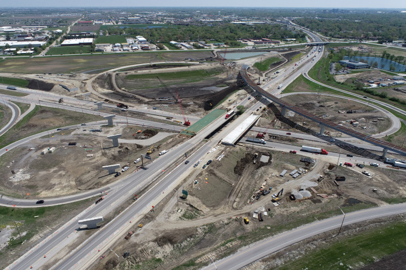 Complex multi-level highway interchange from above