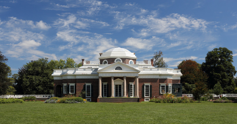 Monticello Thomas Jefferson home Virginia Thomas Jefferson's Monticello estate with its distinctive dome architecture viewed from the front lawn