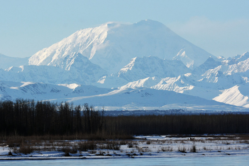 Mount Foraker Alaska Range Snow-covered Mount Foraker in the Alaska Range with dramatic cloud formations