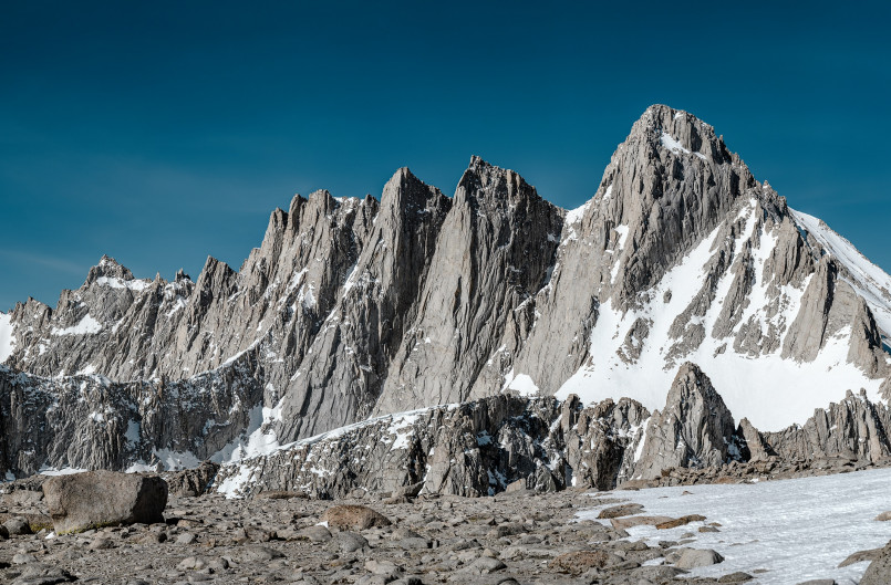 Mount Whitney California Sierra Nevada Mount Whitney's granite peak at sunrise with Whitney Portal in foreground