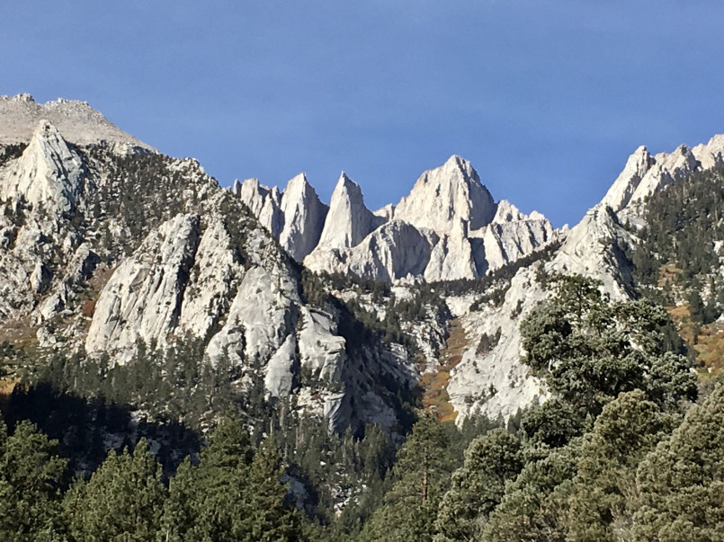 Mount Whitney California Sierra Nevada Mount Whitney's granite peak at sunrise with Whitney Portal in foreground