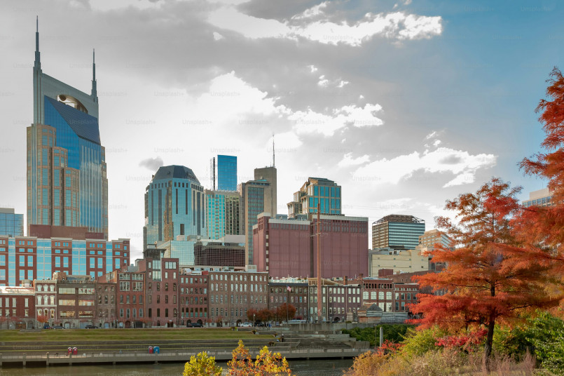 Nashville Tennessee downtown skyline Nashville skyline with Cumberland River and Broadway entertainment district
