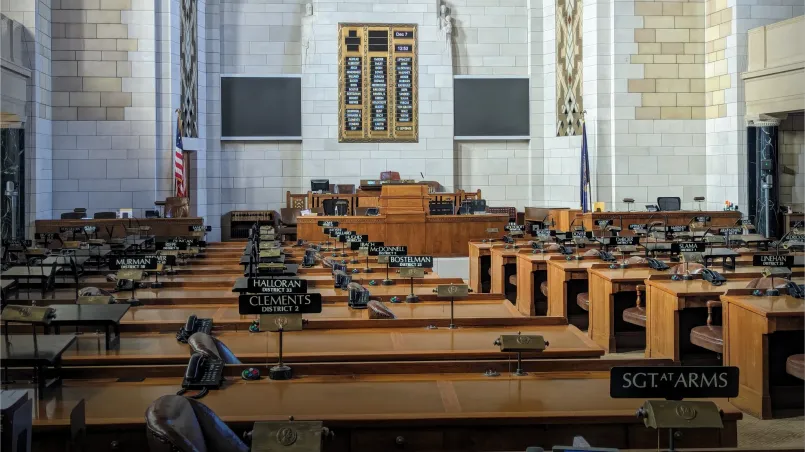 Nebraska legislators in session in the unicameral chamber