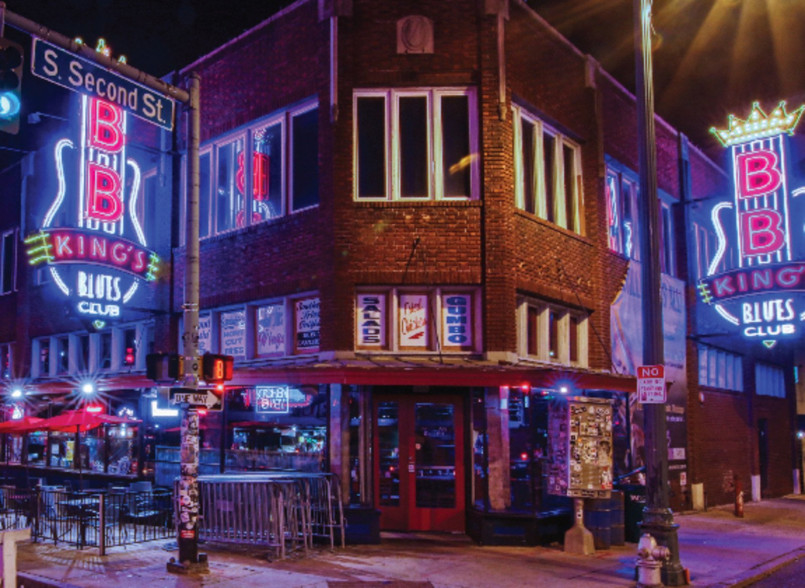 Memphis beale street blues clubs night Neon signs illuminate Beale Street in Memphis at night with blues clubs and live music venues