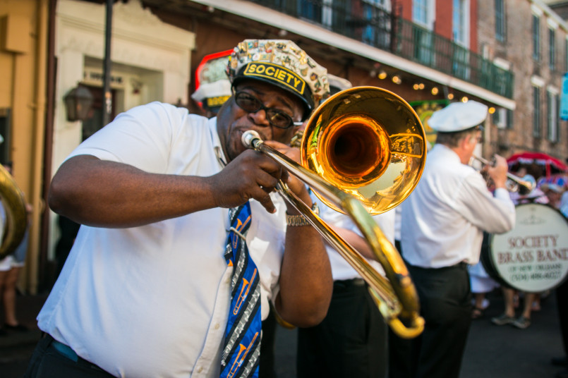 New Orleans jazz musicians Traditional jazz band performing on a New Orleans street with brass instruments
