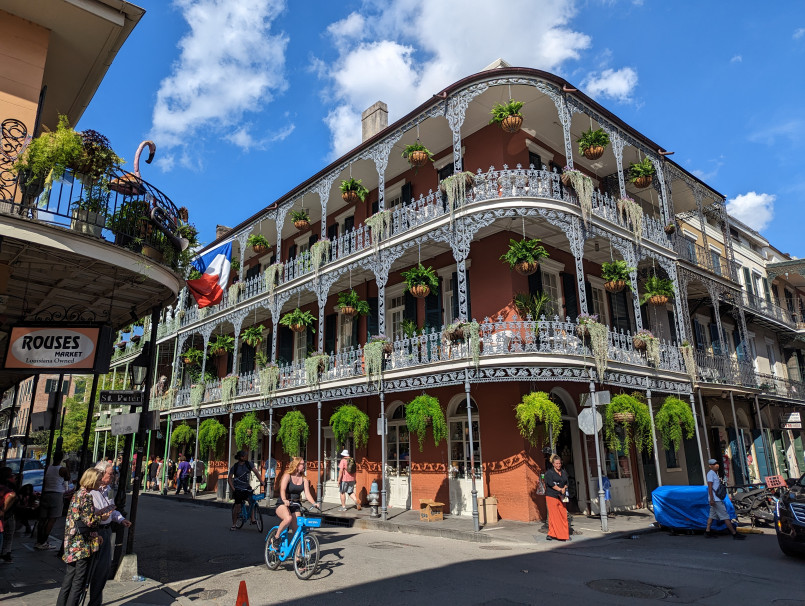New Orleans Louisiana French Quarter historic buildings Colorful historic buildings with wrought-iron balconies in the French Quarter of New Orleans