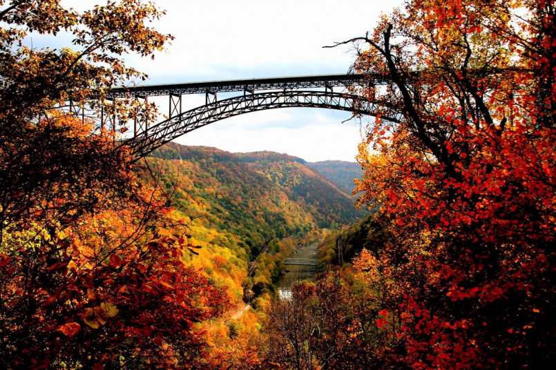 New River Gorge Bridge with autumn foliage in the Appalachian Mountains