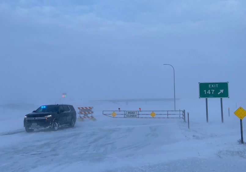 Blizzard conditions on a rural North Dakota highway