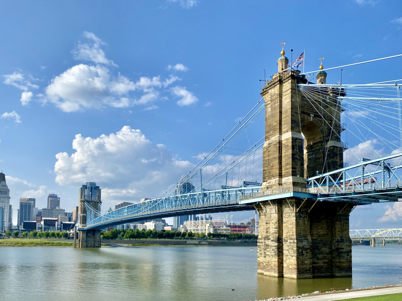 Ohio River Cincinnati skyline Cincinnati skyline along the Ohio River with bridges and riverboats
