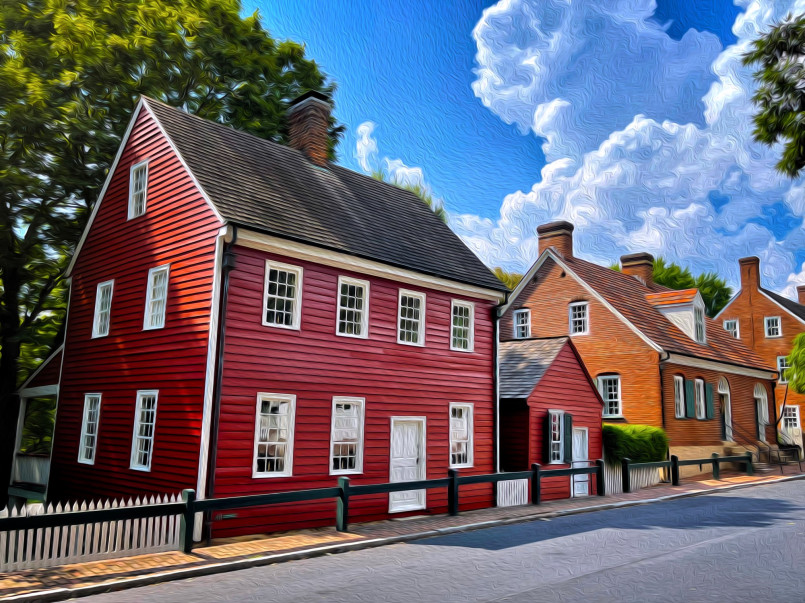 Restored Moravian colonial buildings with timber frame construction in Old Salem
