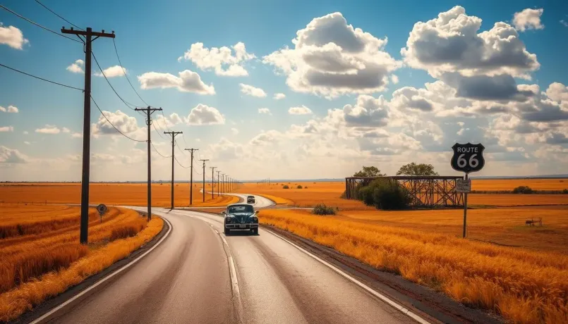 Route 66 open highway road trip westbound sunset Open Route 66 highway stretching toward the sunset horizon during a road trip