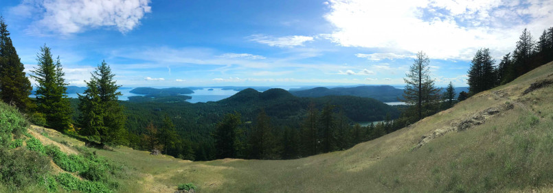 Panoramic view from Mount Constitution showing San Juan Islands archipelago and surrounding waters