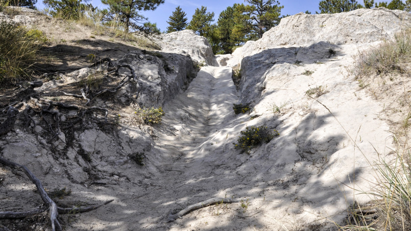 Preserved wagon ruts from the Oregon Trail visible in the landscape of Wyoming