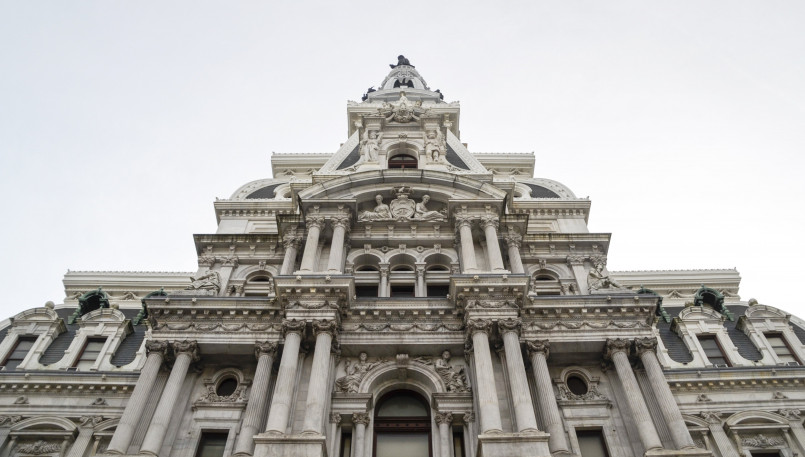 Ornate Second Empire-style Philadelphia City Hall with clock tower
