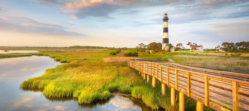 Outer Banks North Carolina lighthouse beach Cape Hatteras Lighthouse with sweeping beach views on North Carolina's Outer Banks