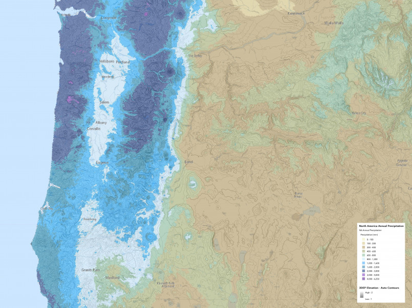 Diagram showing how mountains create rain shadow effect in the Pacific Northwest