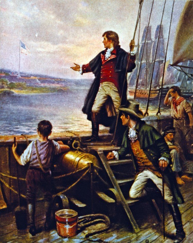 Painting depicting Francis Scott Key watching the bombardment of Fort McHenry from a ship in Baltimore Harbor