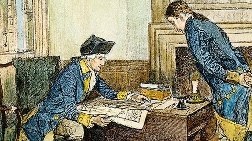Painting depicting George Washington surveying the future site of Washington D.C.
