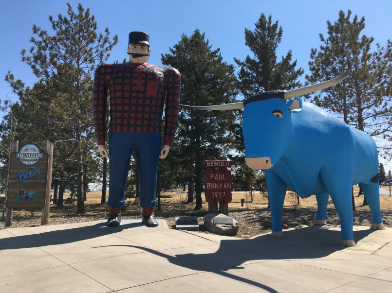 Paul Bunyan Babe Blue Ox statue Bemidji Towering statues of Paul Bunyan and Babe the Blue Ox in Bemidji, Minnesota