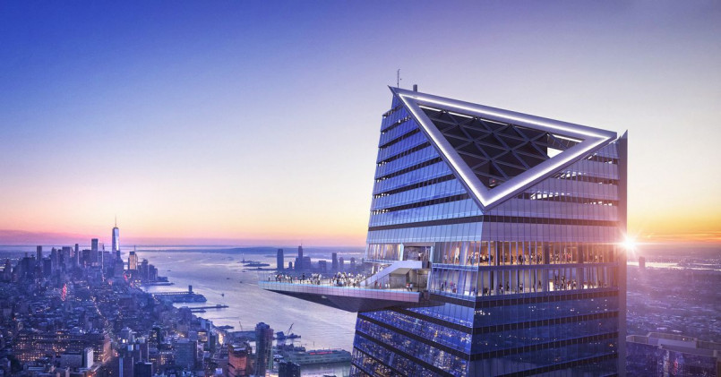 Edge observation deck Hudson Yards People standing on the Edge observation deck at 30 Hudson Yards with panoramic views of New York City