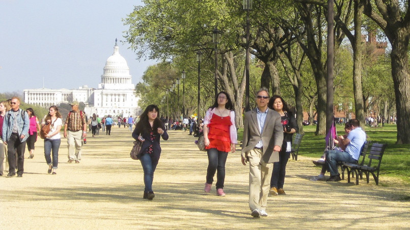 National Mall Washington DC pedestrians People walking along the National Mall with the Washington Monument and Capitol Building visible