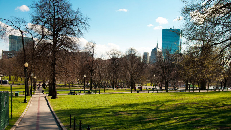 People walking along the red brick Freedom Trail path through Boston Common with historic buildings in background