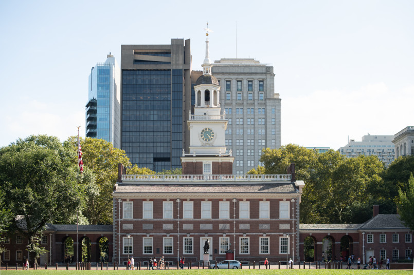 Philadelphia Independence Hall historic Historic Independence Hall in Philadelphia with its distinctive red brick facade and bell tower