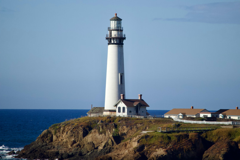 Pigeon Point Lighthouse California Highway 1 coastal cliffs Tall white lighthouse on dramatic California coastal cliffs overlooking Pacific Ocean
