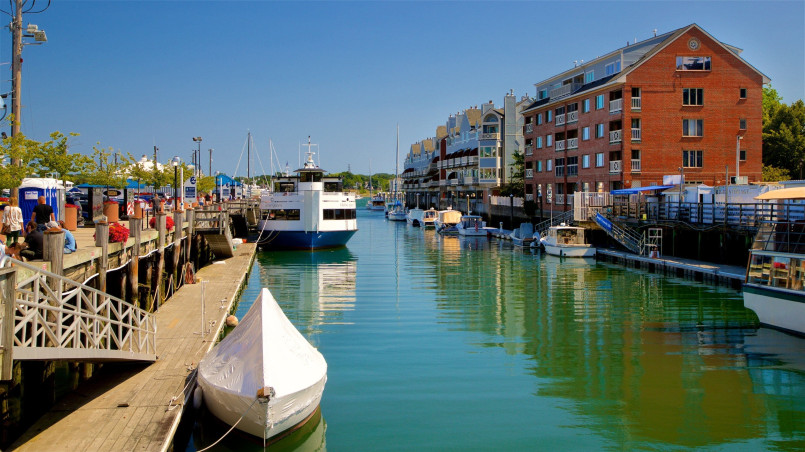 Portland Maine's historic Old Port district showing cobblestone streets and waterfront