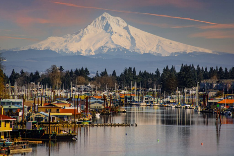 Portland skyline with Mount Hood visible in the background