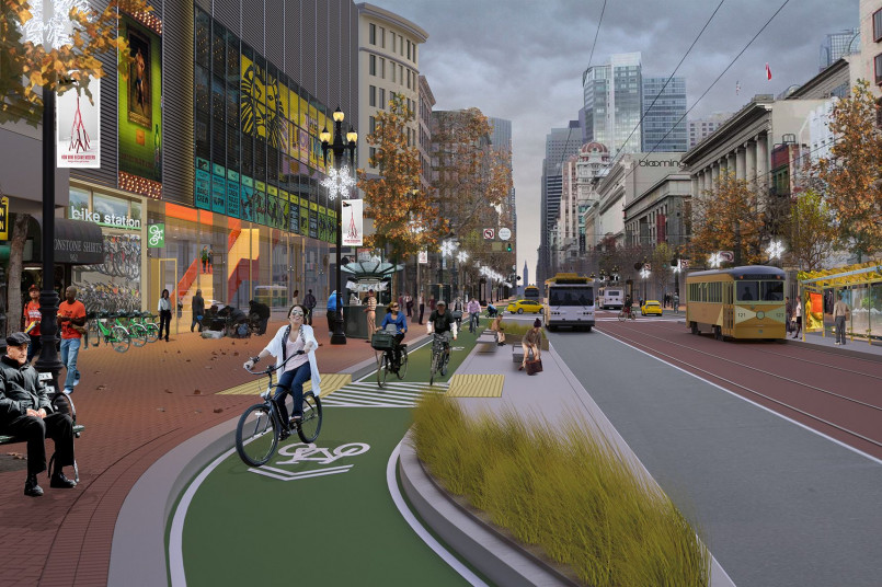 Protected bike lane on Market Street in San Francisco with cyclists