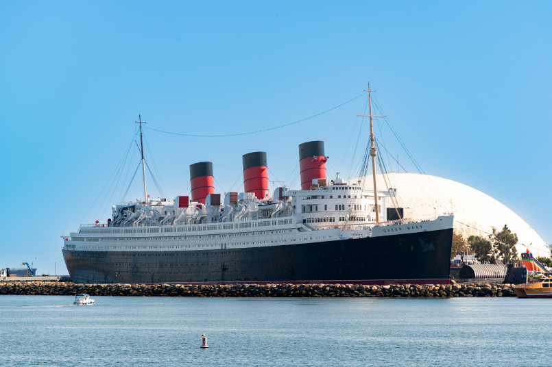 Queen Mary ship Long Beach Historic ocean liner docked at Long Beach with distinctive red and black smokestacks
