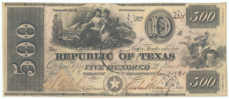 Examples of Republic of Texas currency notes showing their unique design and denominations