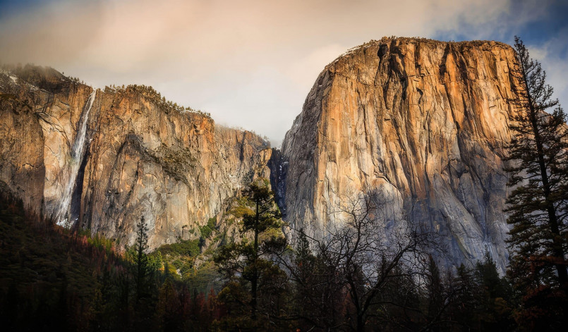 Ribbon Fall Yosemite granite cliff Thin ribbon of water cascading down granite cliff face near El Capitan