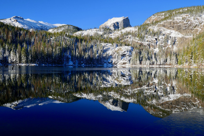 Dramatic Rocky Mountain peaks reflecting in a crystal clear alpine lake surrounded by pine trees