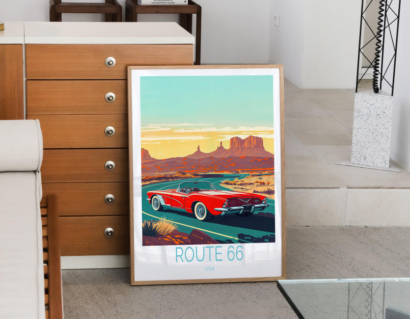 Route 66 road trip modern travelers Modern travelers in a classic car on a preserved section of Route 66