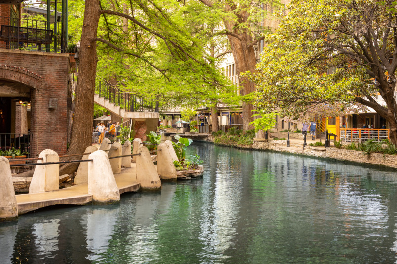 San Antonio Texas River Walk and historic missions The famous River Walk in San Antonio with restaurants, shops, and Spanish-influenced architecture lining the San Antonio River