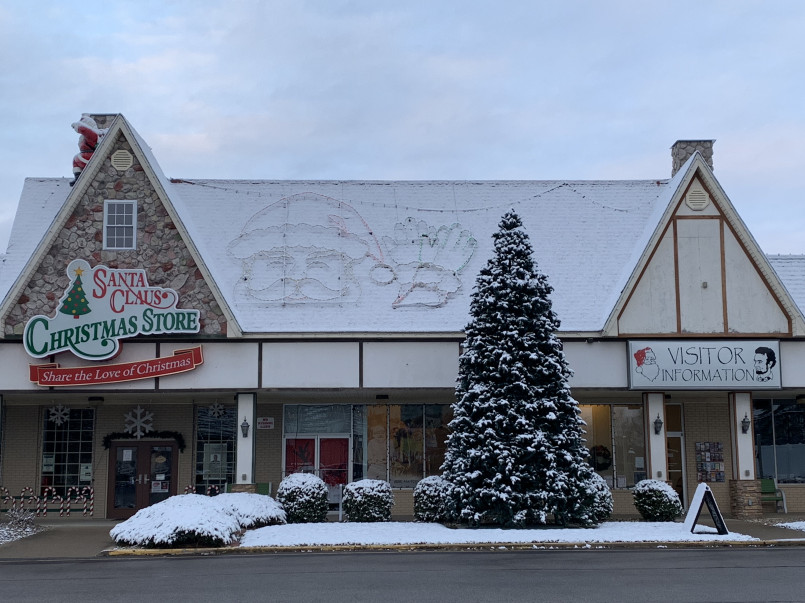 Year-round Christmas decorations and Santa statue in Santa Claus, Indiana