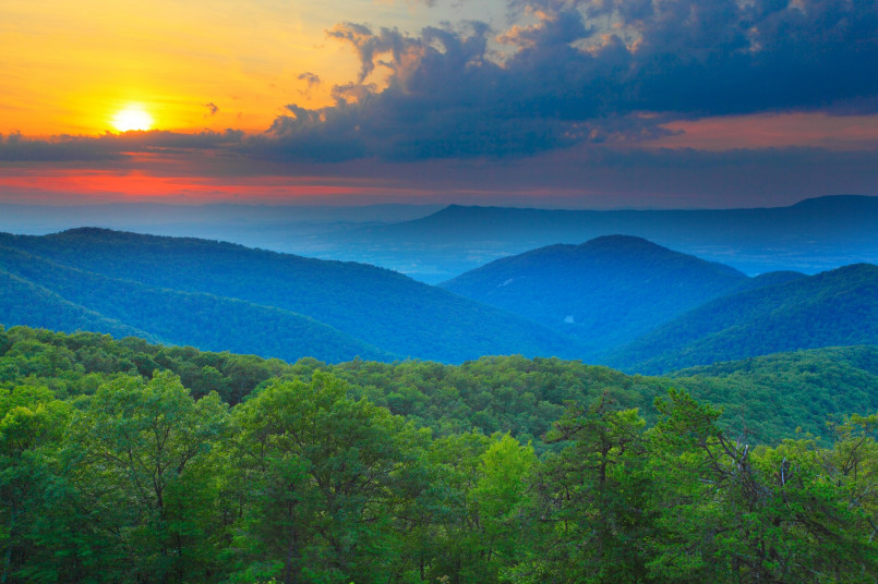 Scenic overlook on the Blue Ridge Parkway with mountains extending to the horizon