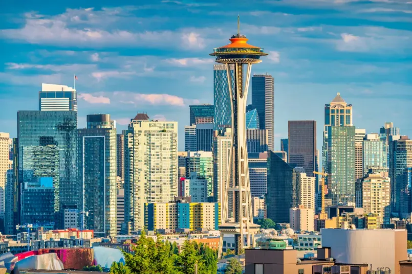 Seattle skyline featuring the Space Needle and modern tech offices