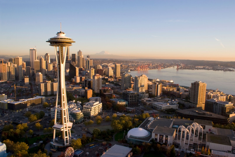 Seattle skyline with Space Needle Seattle skyline featuring the Space Needle with Mount Rainier in background