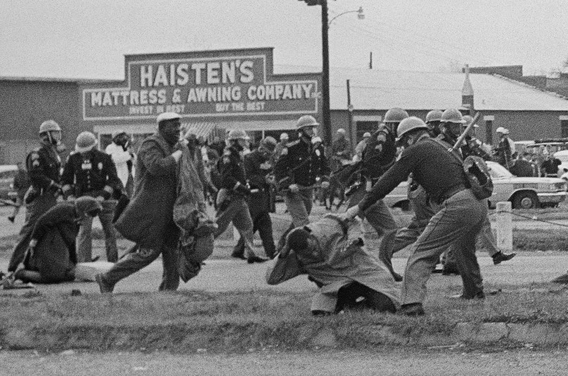 Civil rights marchers crossing the Edmund Pettus Bridge during the Selma to Montgomery march in 1965