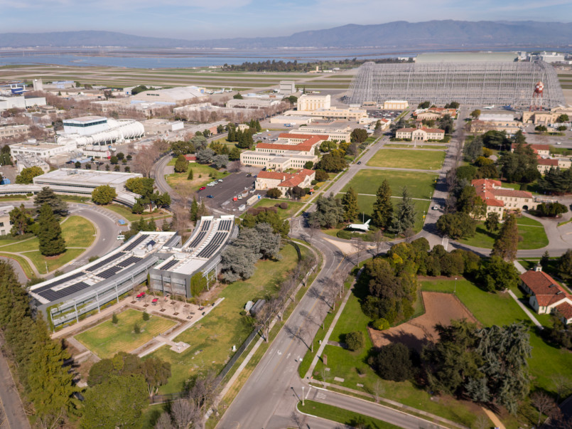 Aerial view of major tech company headquarters in Silicon Valley