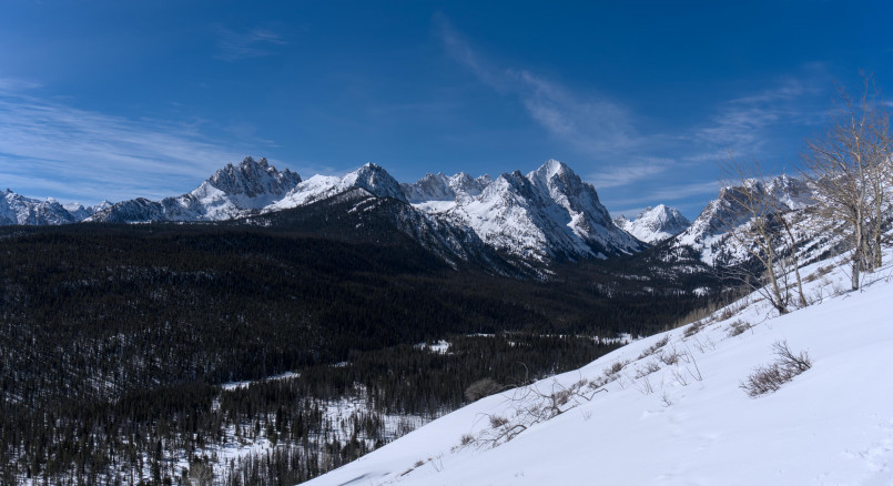 Stanley Idaho winter Sawtooth Mountains Snow-covered Stanley, Idaho with the jagged Sawtooth Mountains in the background