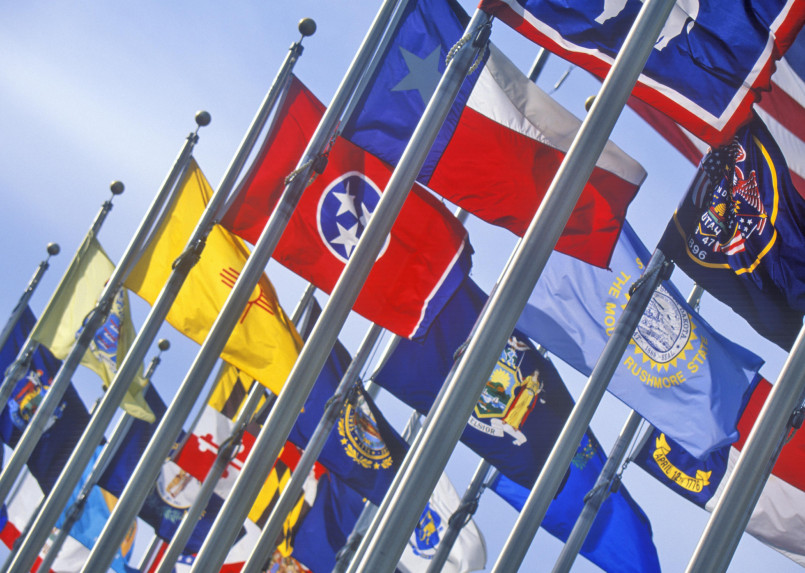 Multiple colorful state flags flying on flagpoles