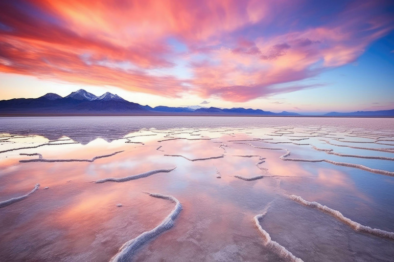 Sunset over the Great Salt Lake with colorful reflections on the water and white salt flats