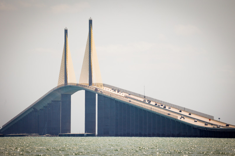 Sunshine Skyway Bridge Tampa Bay Florida Sunshine Skyway Bridge with its distinctive yellow cable stays spanning across Tampa Bay