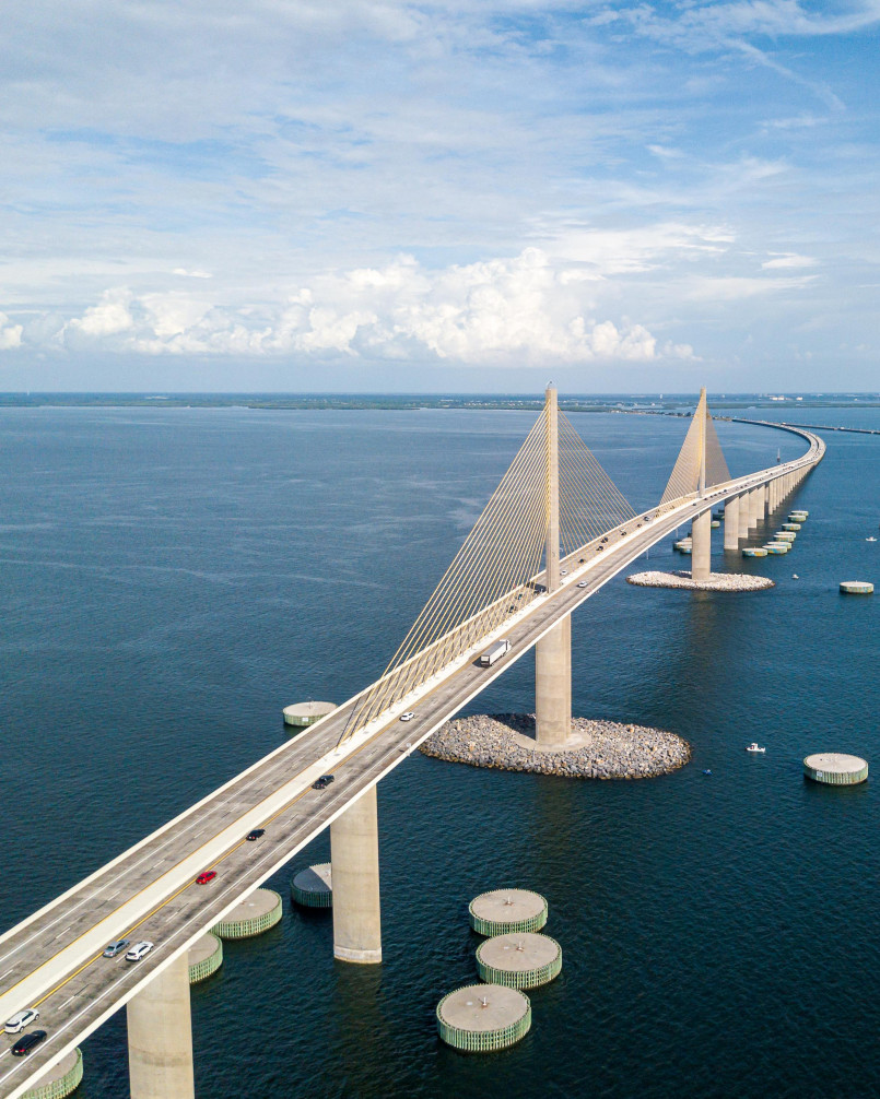 Sunshine Skyway Bridge with its yellow cables spanning across Tampa Bay