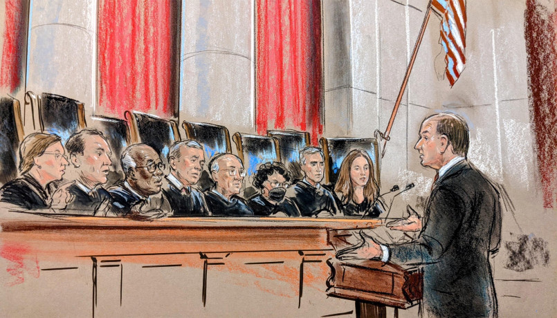 Supreme court oral argument sketch Courtroom sketch showing Supreme Court justices and attorneys during oral arguments