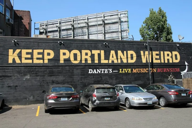The famous 'Keep Portland Weird' mural on the side of a building in downtown Portland